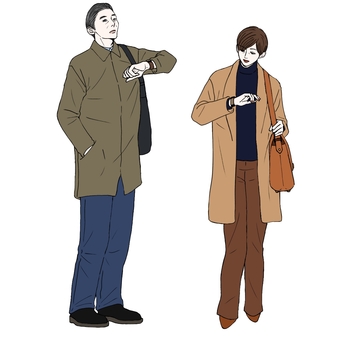 腕時計で時間確認の中高齢男女　漫画風 腕時計,女性,男性,全身,中高年,通勤,ファッション,秋,バッグ,アイコンのイラスト素材
