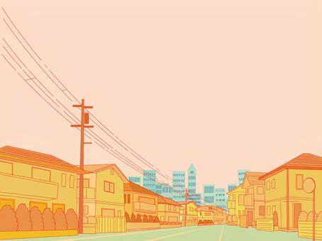 ビルの見える住宅街　秋背景 街並み,住宅街,家,夕日,ビル,秋,背景,電柱,電線,郊外のイラスト素材