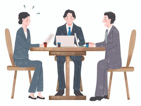 パソコン操作しながら会議する男女 男性,女性,ビジネス,pc操作,パソコン,デジタル,会社員,会議,テーブル,打ち合わせのイラスト素材