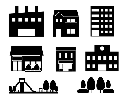 シンプルな建物シルエットセット シルエット,建物,住宅,家,ビル,オフィス,会社,ショップ,店,店舗のイラスト素材