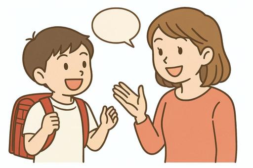 小学生の子どもと笑顔で会話しているママ