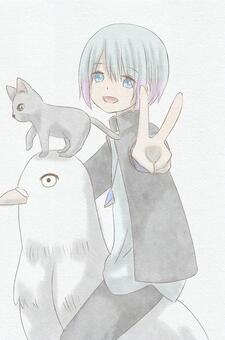 男の子 人物,男の子,キャラクター,水色髪,学ラン,制服,猫,パステルカラー,かっこいい,かわいいのイラスト素材