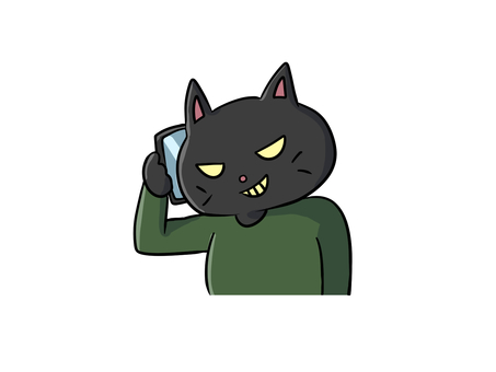 スマホで電話をしている怪しい猫のイラスト 猫,電話,悪,怪しい,不審者,黒猫,オレオレ詐欺,スマホ,通話,詐欺のイラスト素材