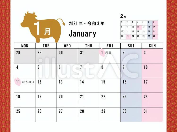 2021年1月カレンダー(月曜始まり) 2021年カレンダー,カレンダー,月間カレンダーのイラスト素材