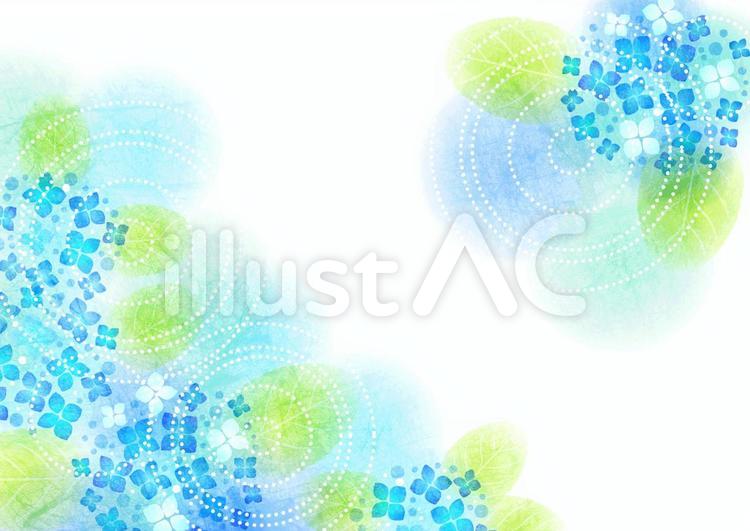 水彩風葉付き青あじさいと雨の波紋背景 あじさい,葉,波紋のイラスト素材