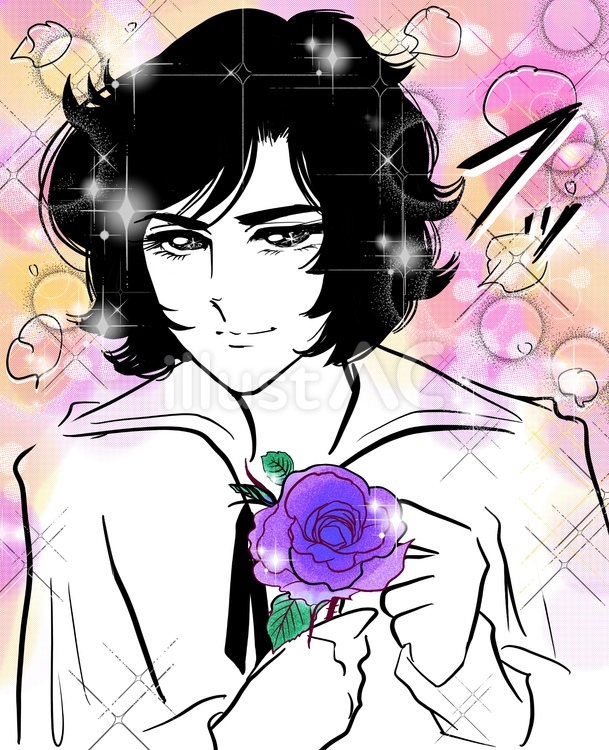 昭和レトロ少女漫画薔薇を持つ黒髪イケメン イケメン,少女漫画,漫画のイラスト素材