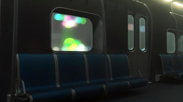 海外風の電車の煌く夜が見える暗い座席 電車,電車内,背景,乗り物,座席,吊り革,公共機関,交通機関,通勤,通学のイラスト素材