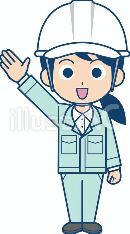 手を上げる作業員の女性　ヘルメット 女性,社員,ヘルメットのイラスト素材