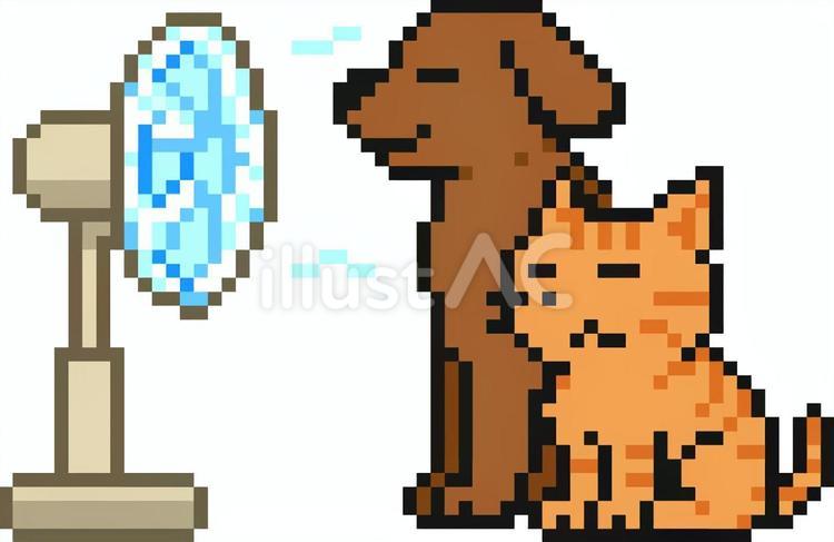 ドット絵の扇風機に当たる犬と猫です。 ドット絵,扇風機,犬のイラスト素材