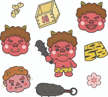 節分の赤鬼のおたよりイラストセット 節分,赤鬼,金棒,豆まき,かわいい,セット,おたより,豹柄,パンツ,和風のイラスト素材
