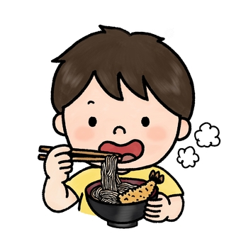 えび天そばを食べる男の子 子供,男の子,少年,幼児,児童,小学生,蕎麦,年越しそば,えび天,天ぷらのイラスト素材