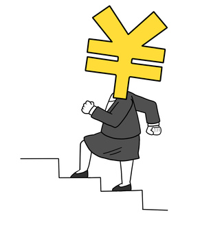 階段を上るお金マーク擬人化　スーツ女性 お金,お金マーク,円マーク,￥,日本円,階段,上る,ステップ,ステップアップ,スーツのイラスト素材