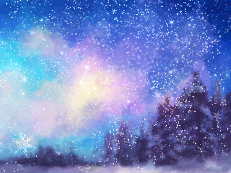 星空と雪の冬の背景素材 冬,背景,雪,12月,1月,星空,雪の結晶,手描き,寒色,きれいのイラスト素材