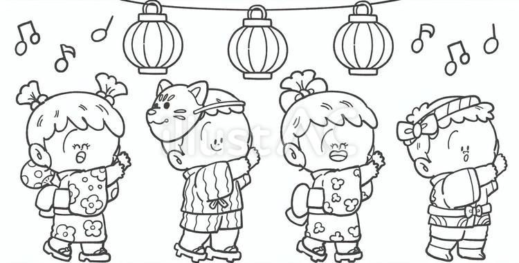 盆踊りをする子供の白黒イラスト1 夏祭り,白黒,盆踊りのイラスト素材