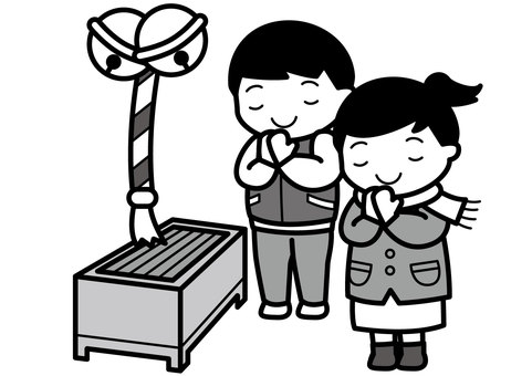 初詣-2c 初詣,正月,お参り,祈願,賽銭箱,鈴,紐,男性,女性,コートのイラスト素材