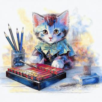 子猫が机の上でシロフォンを演奏している 子猫が机の上でシロフォンを演奏している 子猫,猫,にゃんこのイラスト素材