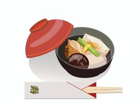 お雑煮 お雑煮 お雑煮,お正月,お餅,しいたけ,ほうれん草,鶏肉,かまぼこ,ゆず,祝箸,おすましのイラスト素材