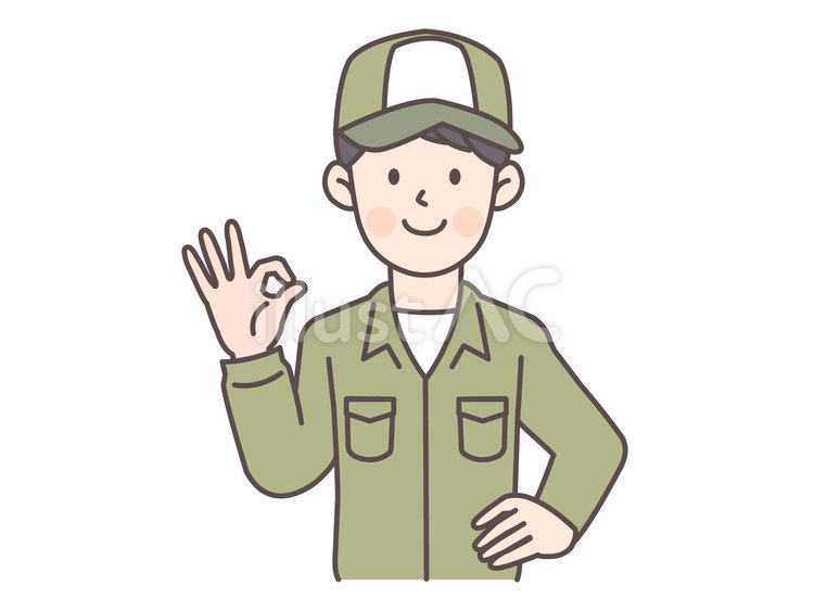 腰に手を当ててOKサインをする配達員男性 配送員,作業員,倉庫のイラスト素材