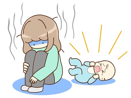 産後うつ 産後,鬱病,新生児,赤ちゃん,育児放棄,子育て,ノイローゼ,鬱,疲れ,精神疾患のイラスト素材