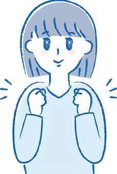 応援する女性 女性,女の人,手書き,優しい,応援,ガッツポーズ,ほっこり,大人,上半身,ボブカットのイラスト素材