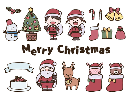 クリスマスセット(太線版) 柊,雪だるま,ツリー,サンタ,コスプレ,男の子,女の子,子供,靴下,杖のイラスト素材