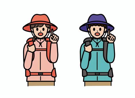 登山の恰好男女指さし　真剣　塗＋線 登山家,自然,登山,ハイキング,アウトドア,人,笑顔,男性,女性,帽子のイラスト素材