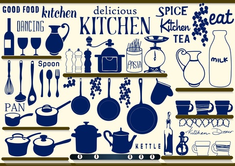 L-0083 デザイン：kitchen キッチン,調理,料理,鍋,やかん,調理器具,器具,ナイフ,パン,フライパンのイラスト素材