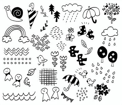 梅雨・雨・6月のイラスト 梅雨,雨,ゲリラ豪雨,北欧,線画,6月,手描き,イラスト,ラフ,可愛いのイラスト素材