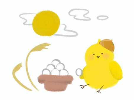 お月見をするヒヨコのイラスト 十五夜,中秋の名月,月見,ひよこ,動物,ヒヨコ,月見団子,満月,秋,ススキのイラスト素材