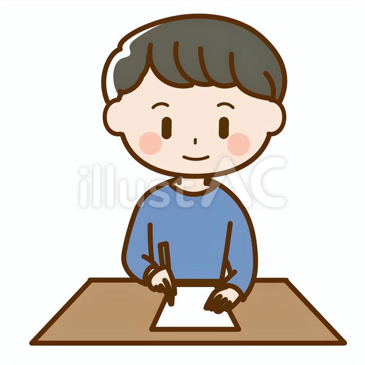 机でテスト用紙に書きこむ男の子 テスト,机,男の子のイラスト素材