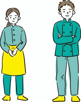 シェフ 料理人 男女セット シェフ 料理人 男女セット 緑,黄色,手描きのイラスト素材
