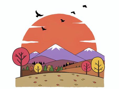秋の山の風景 山,風景,自然,景色,太陽,夕焼け,秋,線画,手描き,シンプルのイラスト素材