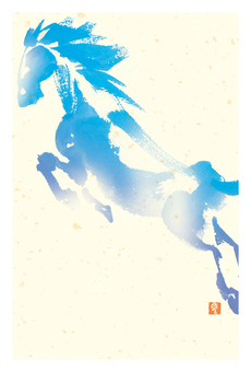 午年の年賀状　青い馬　文字なし 午年,年賀状,テンプレート,2026,かっこいい,お正月,挨拶文なし,水彩,和紙,午のイラスト素材