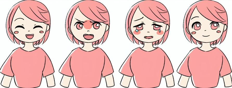 桃色の女の子の喜怒哀楽の表情のイラスト 表情,喜怒哀楽,女の子,ピンク,かわいい,手描き,女性キャラクター,20代,30代,ピンク髪のイラスト素材