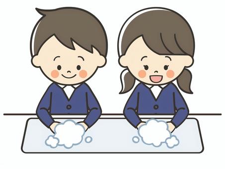 手を洗う小学生 女の子,男の子,男女,手洗い,手,洗う,清潔,対策,予防,感染のイラスト素材