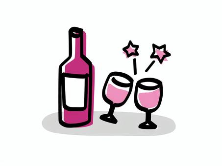 赤ワインで乾杯_色ズレゆるい絵 赤ワインで乾杯_色ズレゆるい絵 赤,ワイン,グラス,ボトル,手書き,手描き,乾杯,ふたり,星,ゆるいのイラスト素材