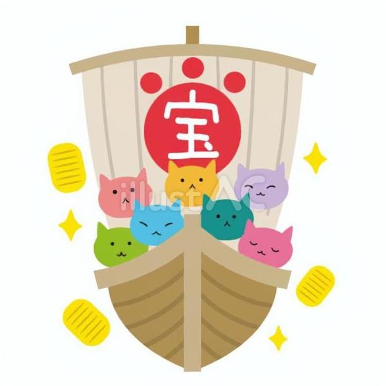 宝船 宝船,七福神,猫のイラスト素材