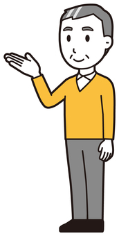  ニット中年男性(黄)-524-全身 案内,おじさん,男性,中年,お父さん,パパ,シニア,ミドルエイジ,人物,かわいいのイラスト素材