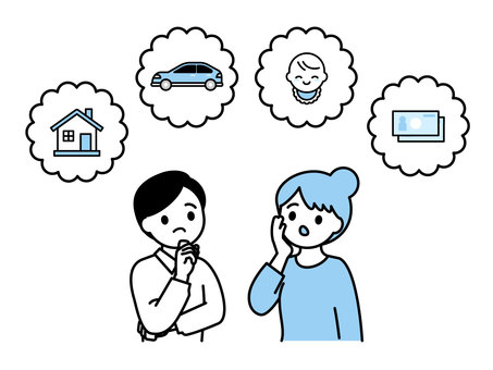 ライフプランを考える夫婦・男女02 人物,男性,女性,夫婦,家族,世帯,考える,思案,不安,ライフプランのイラスト素材