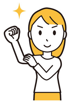  ロングヘア女性(黄)-410-バスト 腕まくり,女性,女の子,人物,かわいい,自信,ガッツポーズ,笑顔,技術,腕力のイラスト素材