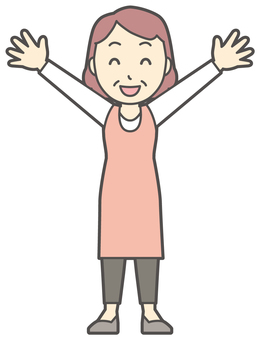  エプロンおばちゃん-084-全身 ばんざい,おばちゃん,エプロン,お母さん,ママ,中年,おばさん,主婦,人物,かわいいのイラスト素材