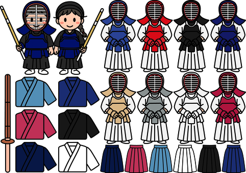 剣道のアイテムです。 剣道,シンプル,竹刀,防具,面,胴,小手,袴,道着,武道のイラスト素材