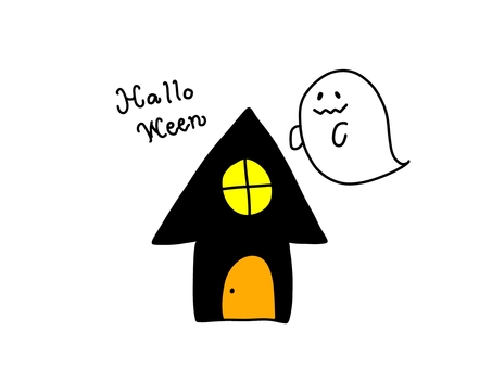 おばけと家 ハロウィン 手書き ハロウィン,おばけ,家,三角屋根,手書き,かわいいのイラスト素材