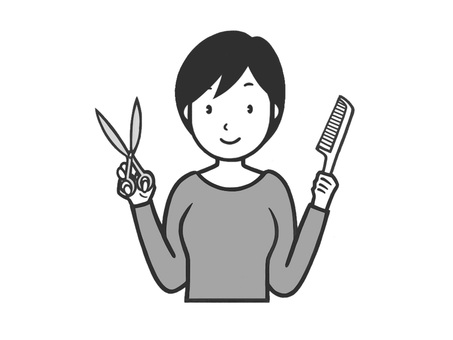 はさみと櫛を持った女性の美容師 美容師,ヘアーセット,美容室,ヘアカット,散髪,生活,手描き,職業,女性,カットのイラスト素材