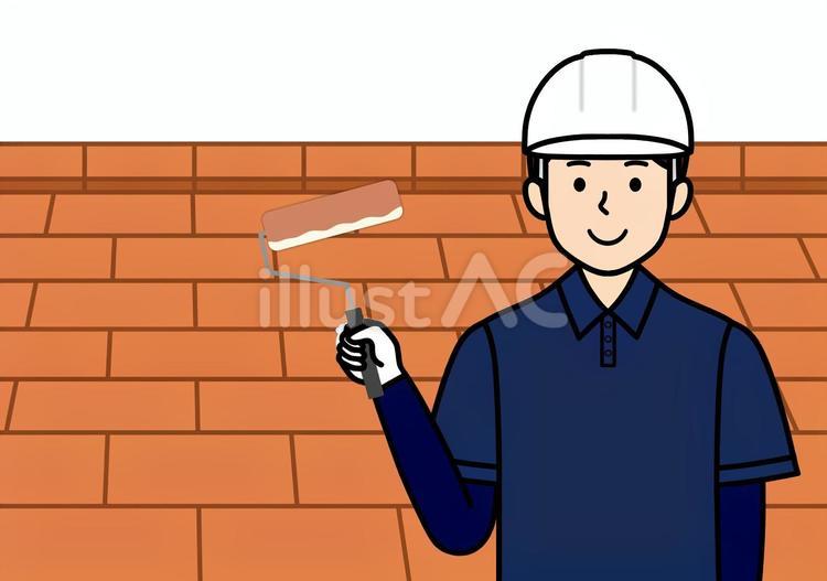 ストレート屋根と屋根塗装職人の男性 塗装工,塗装,ヘルメットのイラスト素材