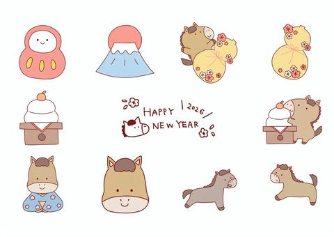 お正月セット お正月,年賀状,馬,午年,干支,動物,2026年,だるま,ひょうたん,富士山のイラスト素材