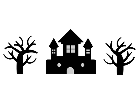 シンプルなハロウィンのお城（モノクロ） ハロウィン,お城,洋館,館,古城,お屋敷,廃墟,枯れ木,秋,10月のイラスト素材