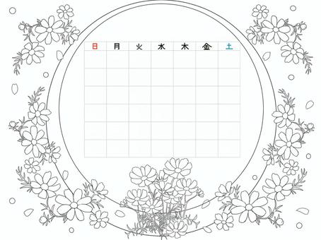 塗り絵　カレンダー　コスモス カレンダー枠,塗り絵,曜日,数字無し,コスモスのイラスト素材