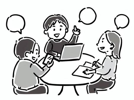 3人でミーティングをするIT系会社員たち 会議,仕事,ミーティング,働く,会話,話し合い,人物,座る,男性,女性のイラスト素材