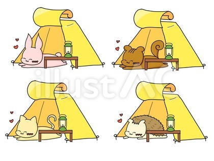 キャンプのテントでくつろぐ動物セット